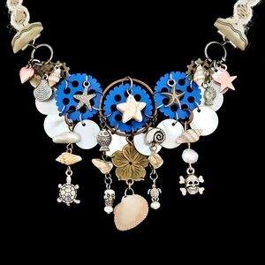 LMG#572 Beach Boho Seashells & Pearls, Abalone Beaded Fringe Statement Necklace